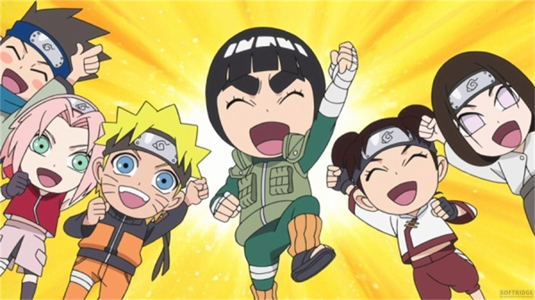 Sei personaggi anime con fasce e espressioni gioiose su sfondo giallo.