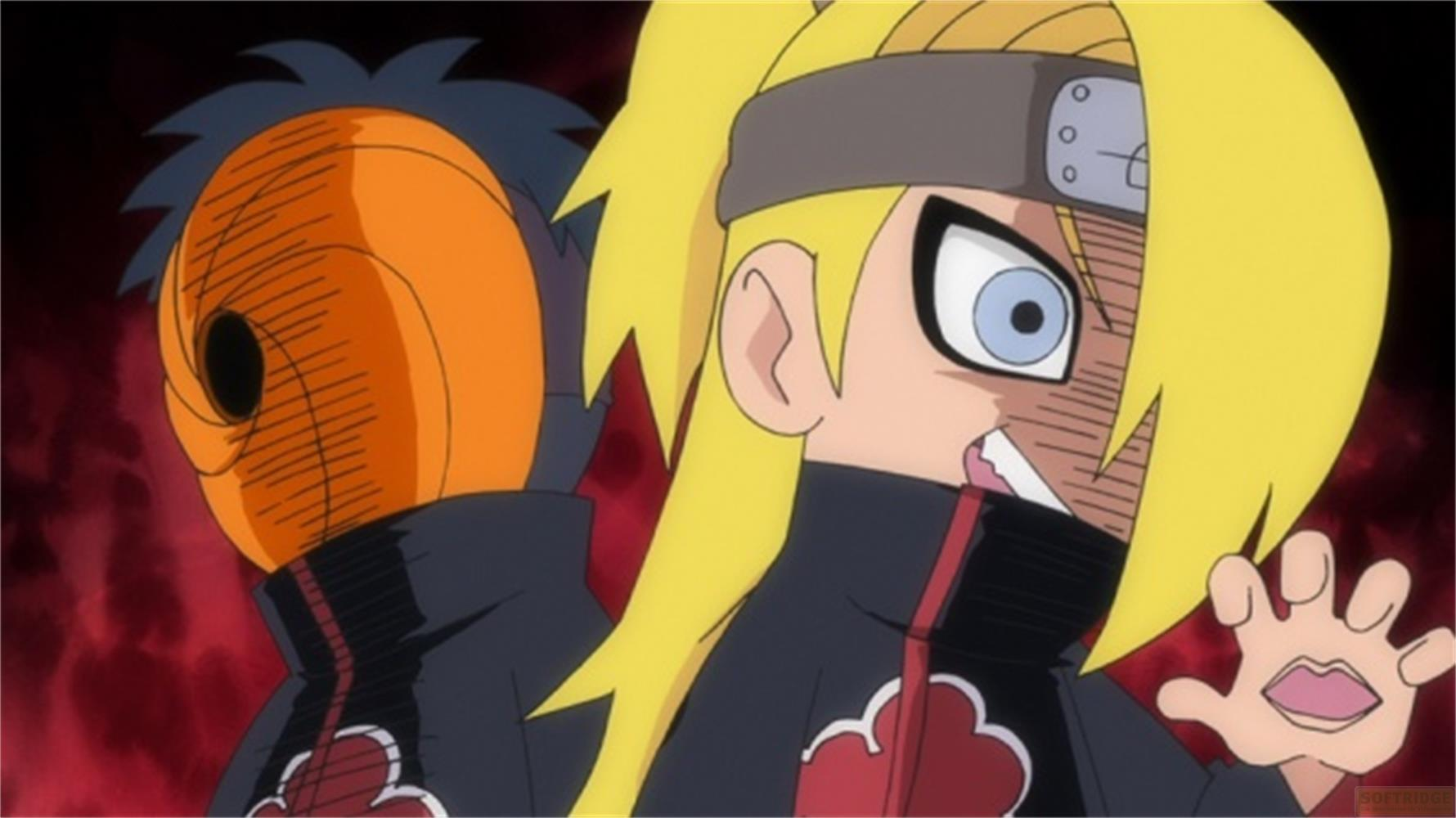 Due personaggi anime in mantelli neri con nuvole rosse, uno mascherato, l'altro biondo.