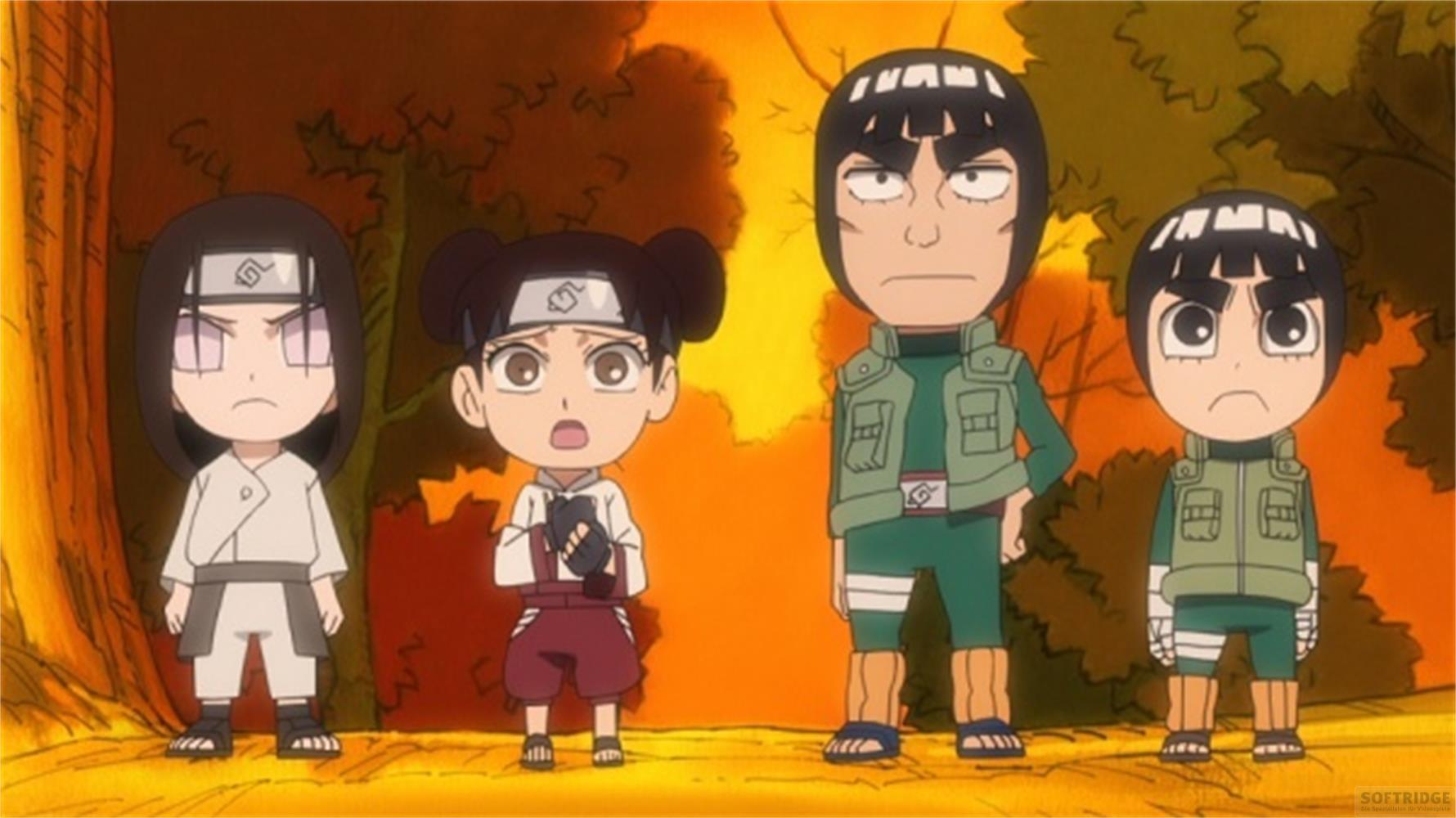 Quattro personaggi chibi si trovano all'aperto davanti agli alberi.