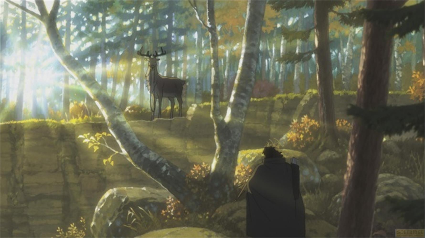 Un cervo su una scogliera in un bosco illuminato dal sole. Un uomo con mantello lo osserva.