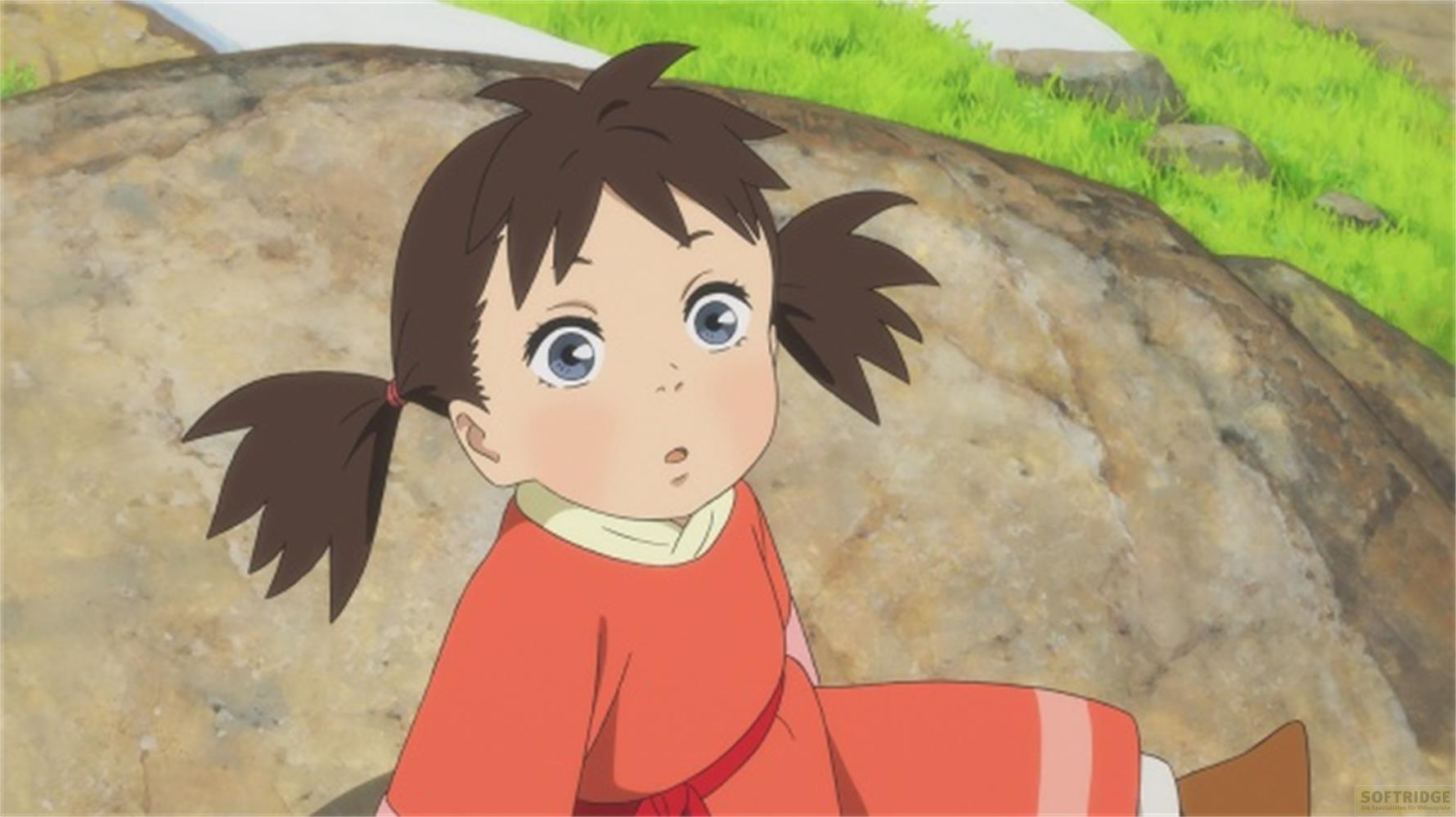 Una bambina anime con codini castani in vestito arancione siede su una roccia.