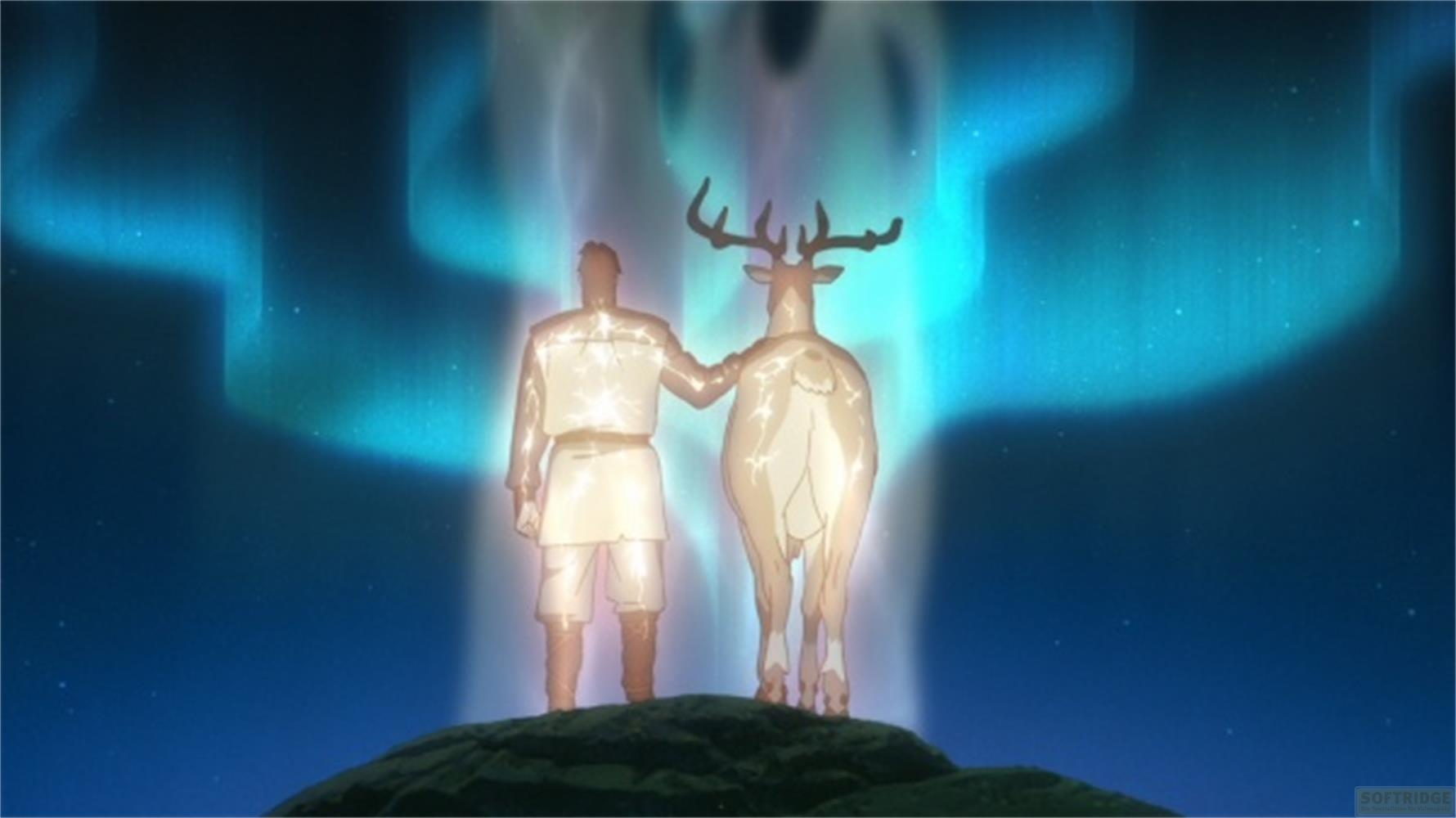 Un uomo e una renna sotto l'aurora boreale su una collina.