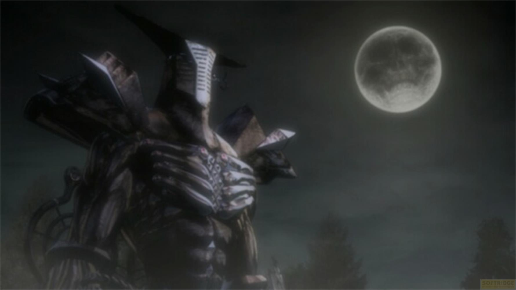 Un gigante scuro e scheletrico si erge al chiaro di luna davanti agli alberi.