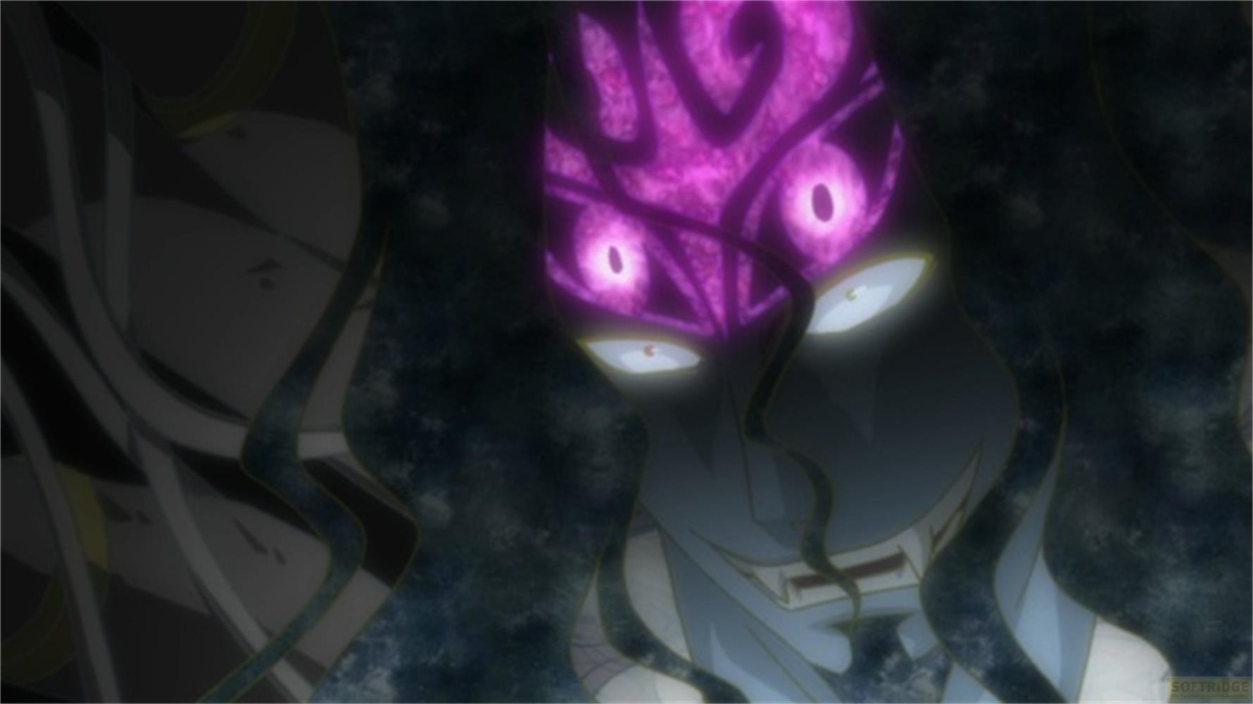 Un personaggio oscuro con occhi viola luminosi e capelli scuri e opachi.