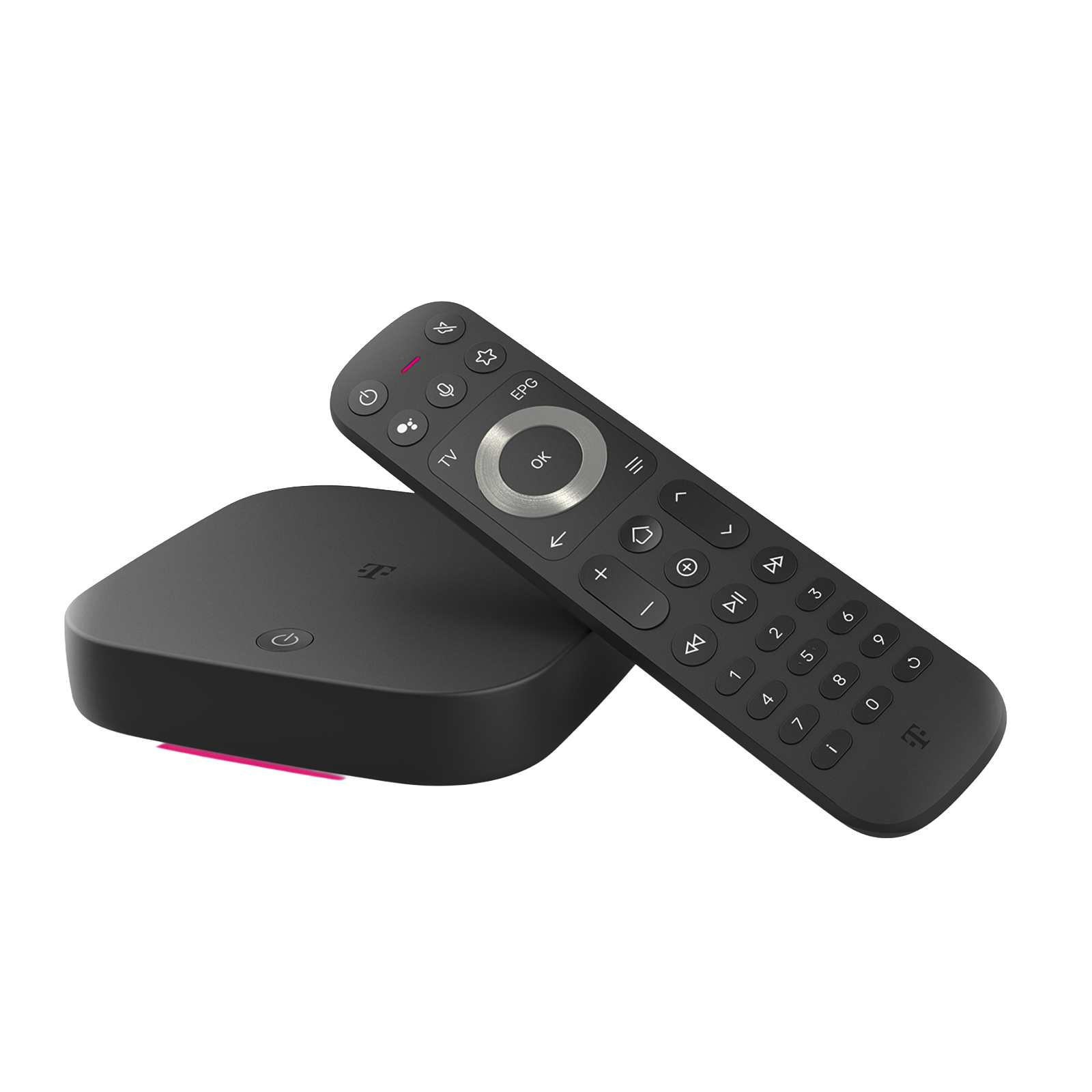 Ein schwarzer Streaming-Player und eine Fernbedienung auf weißem Hintergrund.