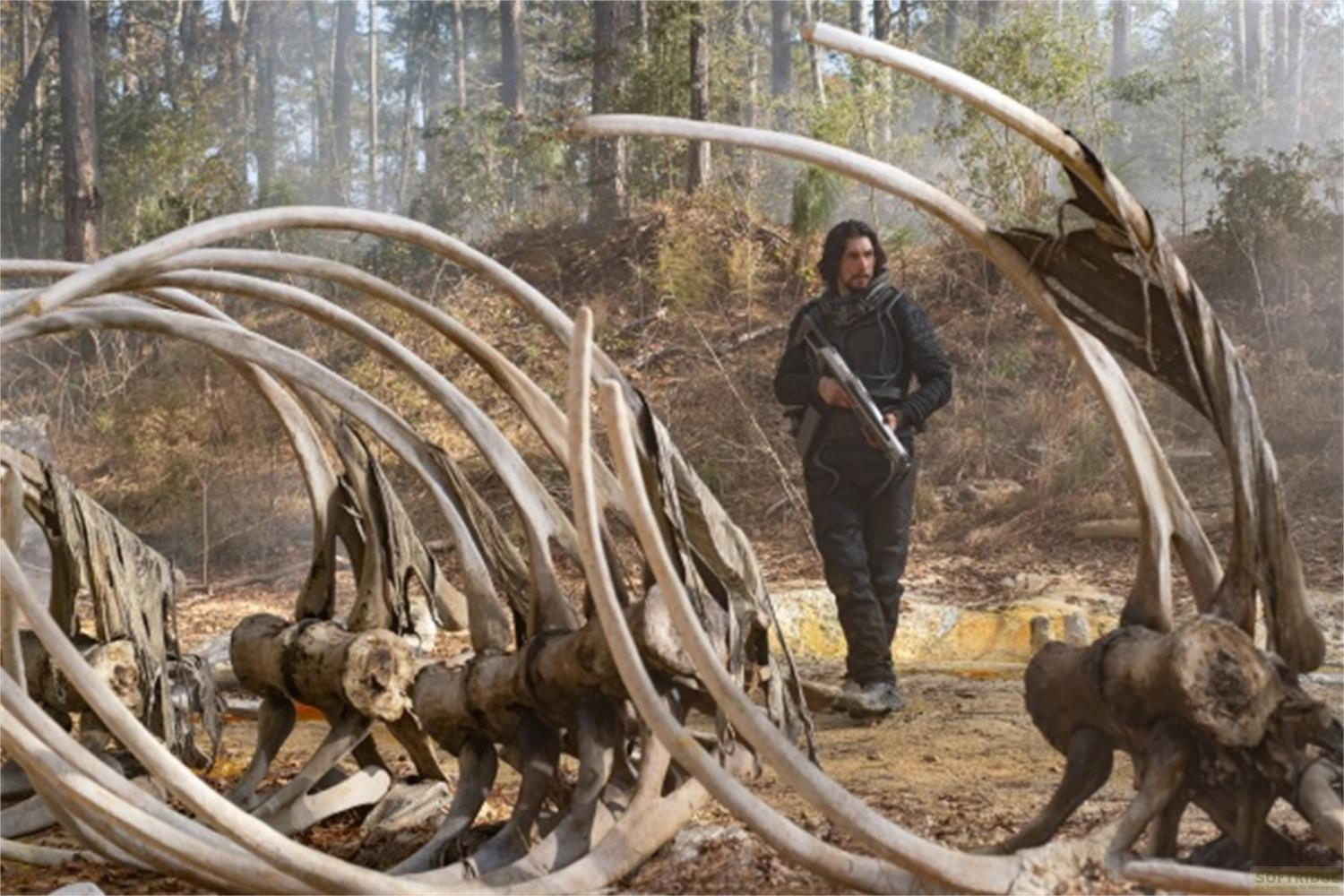 Un uomo in abiti scuri sta vicino a ossa giganti in una foresta.