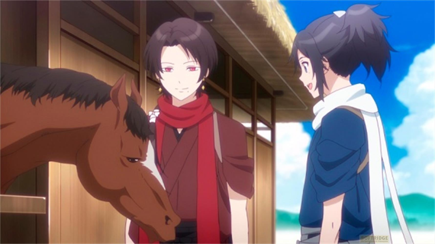 Un cavallo marrone e due ragazzi anime vicino a un edificio di legno.