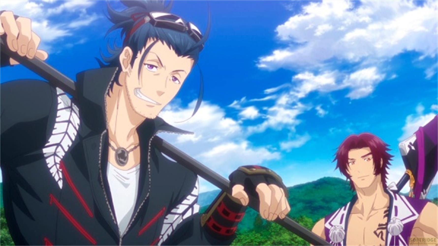 Due uomini anime con armi davanti a un cielo blu e colline verdi.