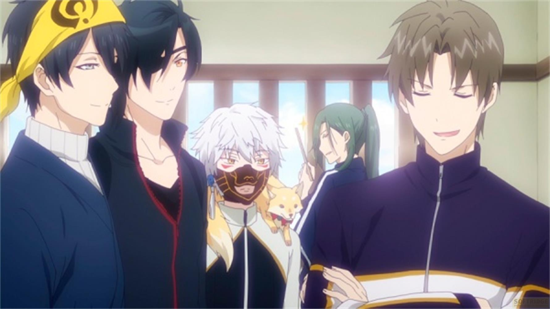Cinque ragazzi anime in abiti casual, uno con bandana gialla, uno con maschera.