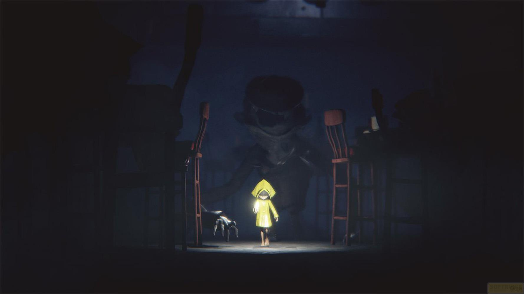 Une petite fille en imperméable jaune se tient dans le noir devant un monstre.