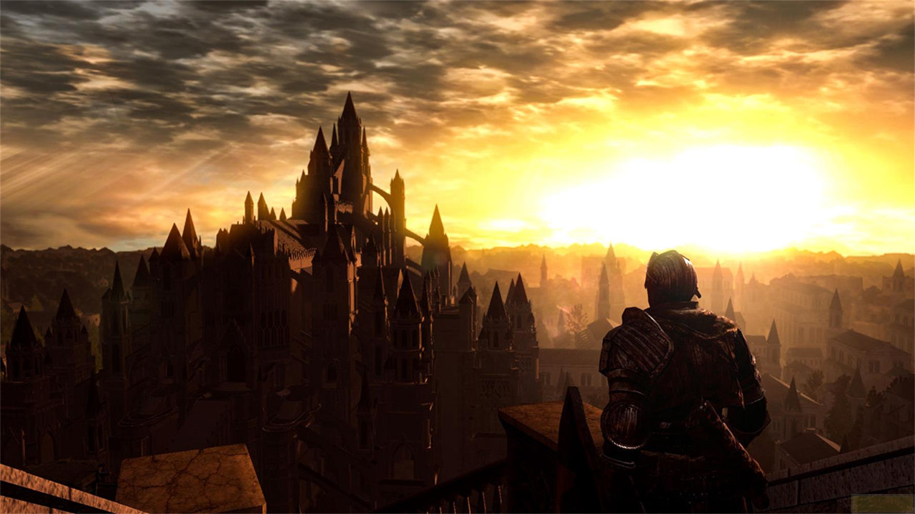 Rycerz spogląda na mroczne miasto o wschodzie słońca.