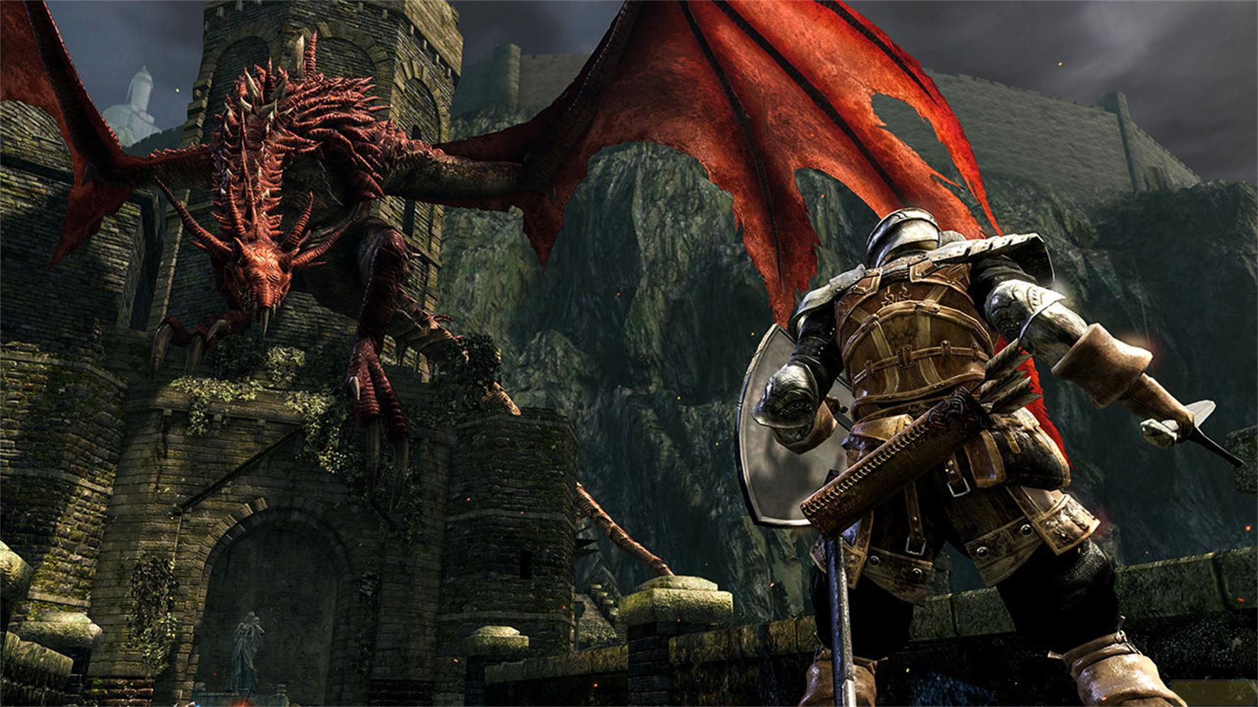 Rycerz w zbroi i z tarczą konfrontuje czerwonego smoka.