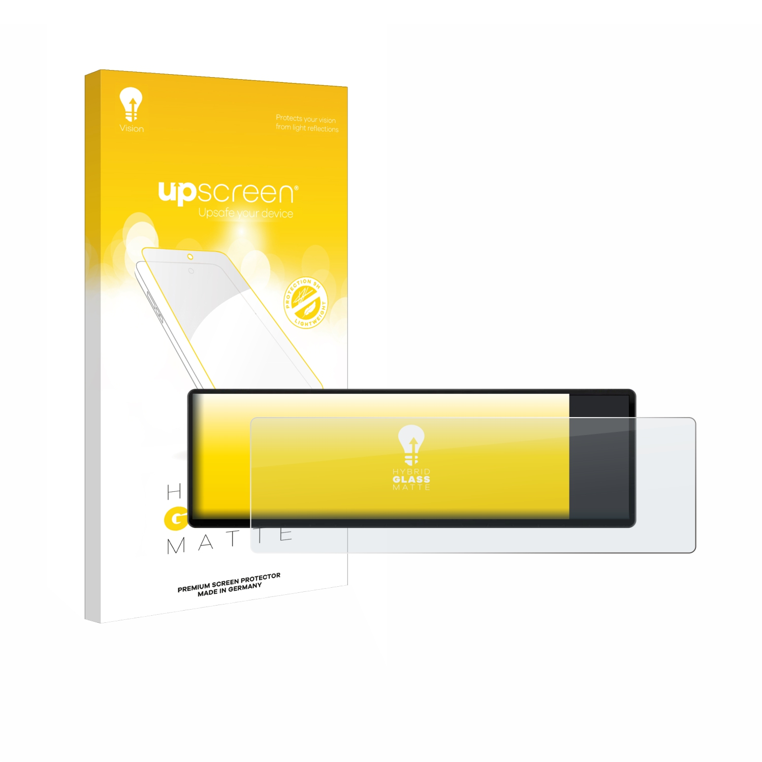 Verpackung und Displayschutzfolie für ein Smartphone mit gelbem Hintergrund.
