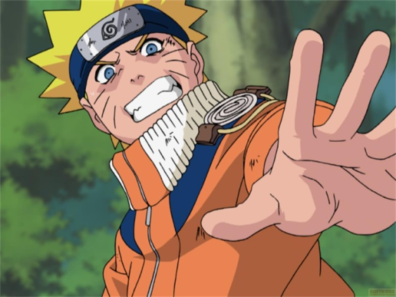 Naruto Uzumaki in giacca arancione e gilet blu, con occhi azzurri e capelli biondi.