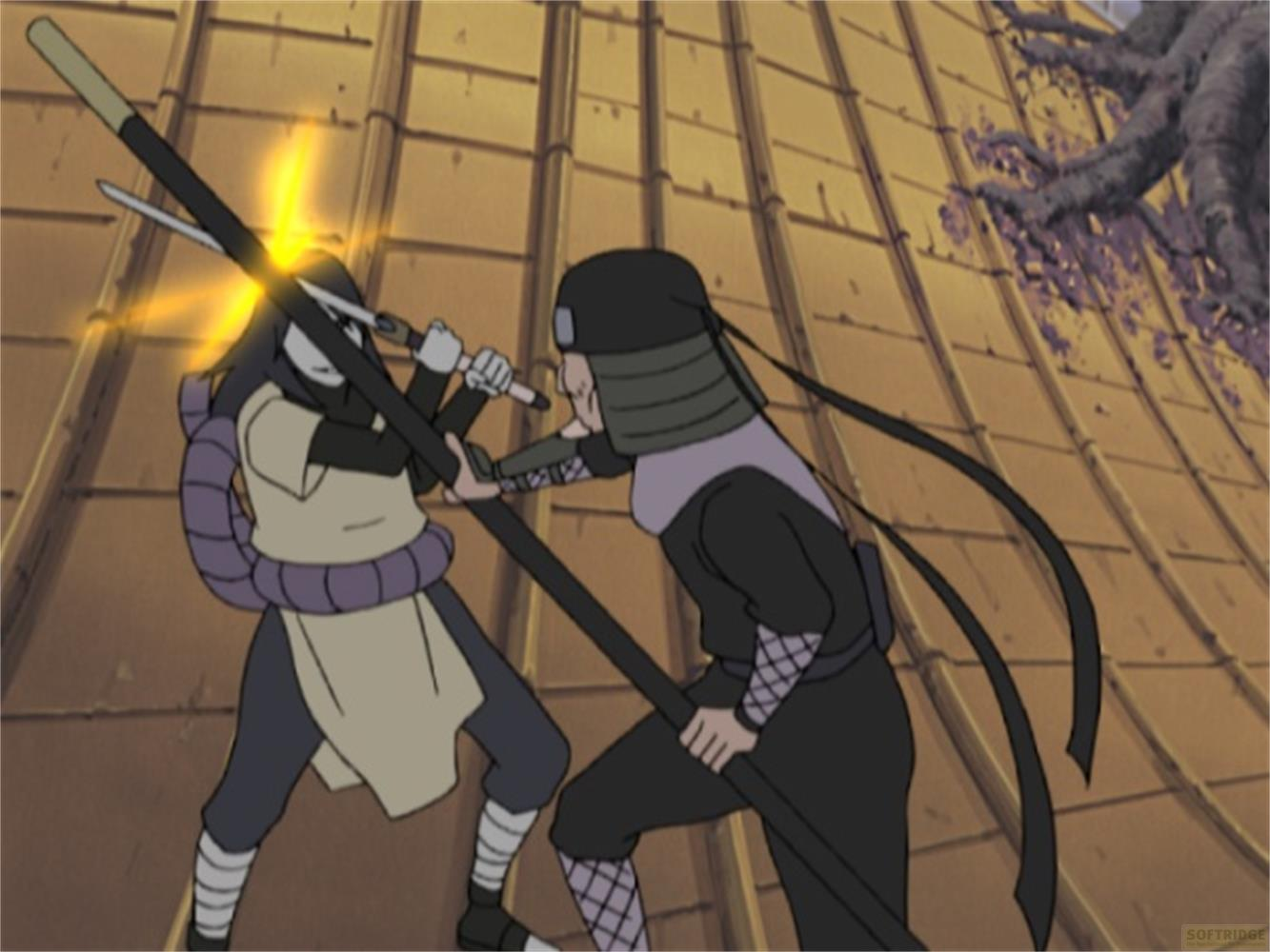 Due ninja combattono su un tetto con bastoni e spade.
