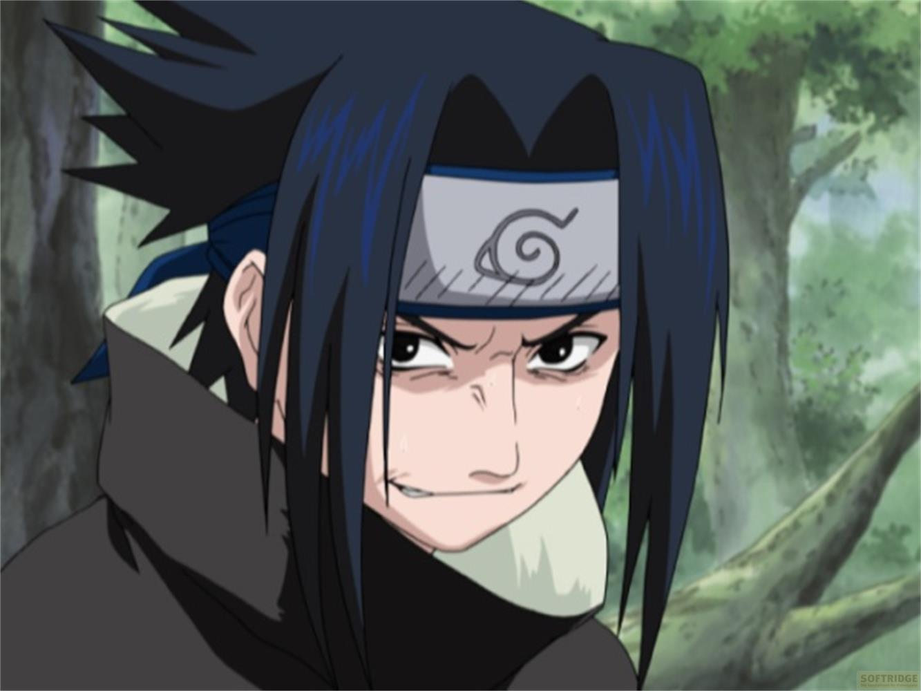 Un personaggio anime con capelli neri, fascia e abiti scuri.