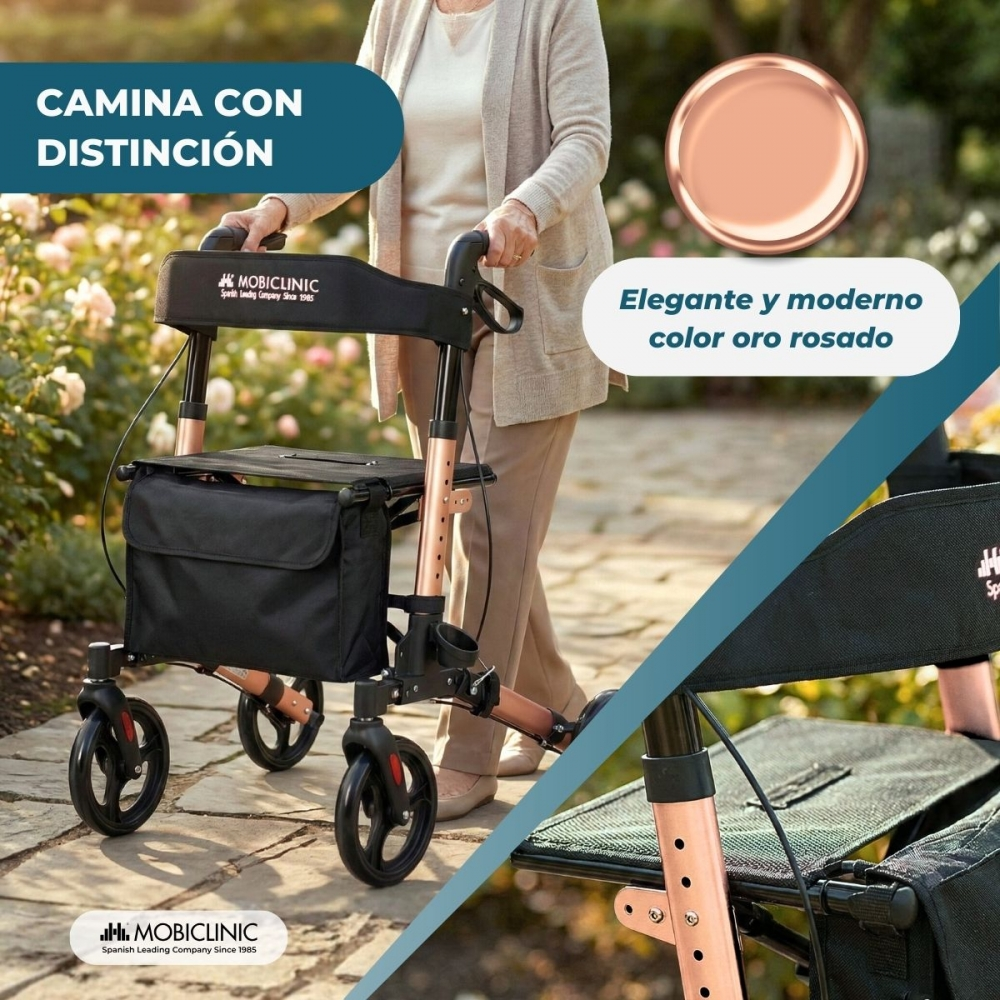 Mujer mayor con andador rose gold elegante, al aire libre, con flores de fondo.