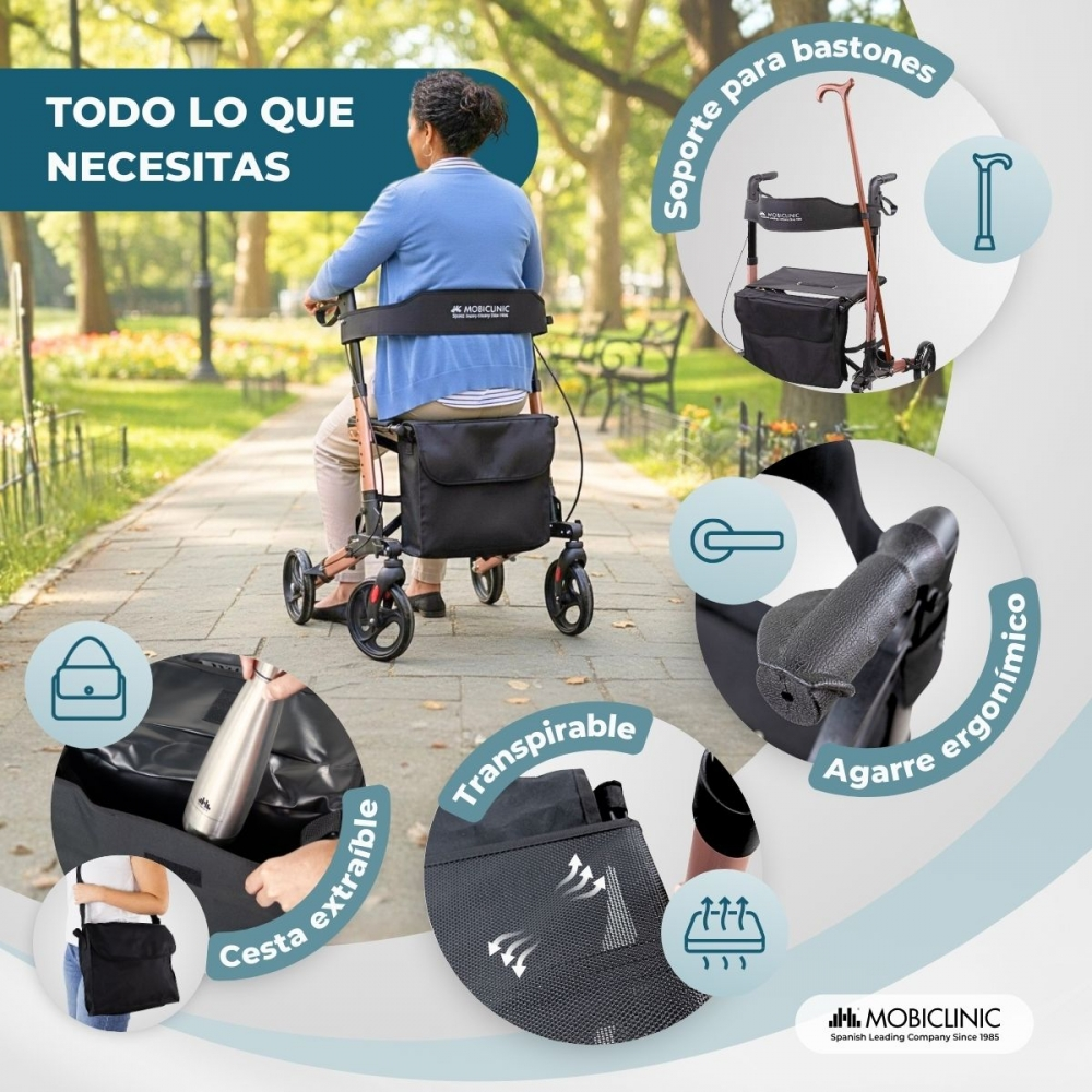 Una mujer usa un andador en un parque. Los detalles muestran bolsas, agarre y soporte.