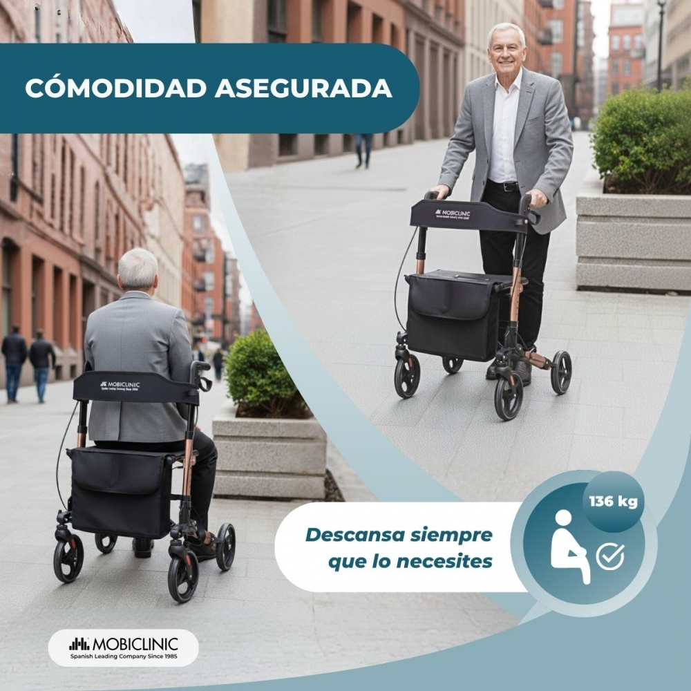 Un anciano con andador MOBICLINIC en la ciudad. Otro hombre se sienta en un andador.