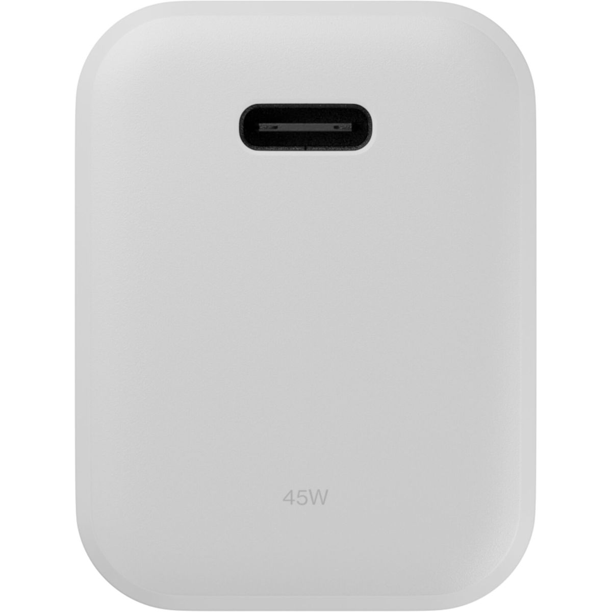 Un caricabatterie USB-C bianco da 45W con porta rettangolare.