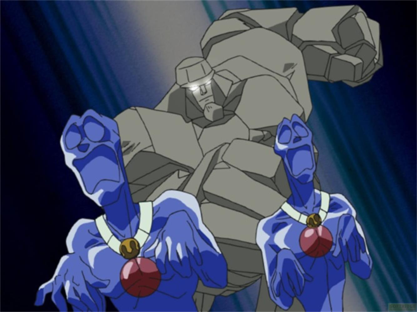 Due creature blu con ciondoli rossi davanti a un gigante di pietra grigia.