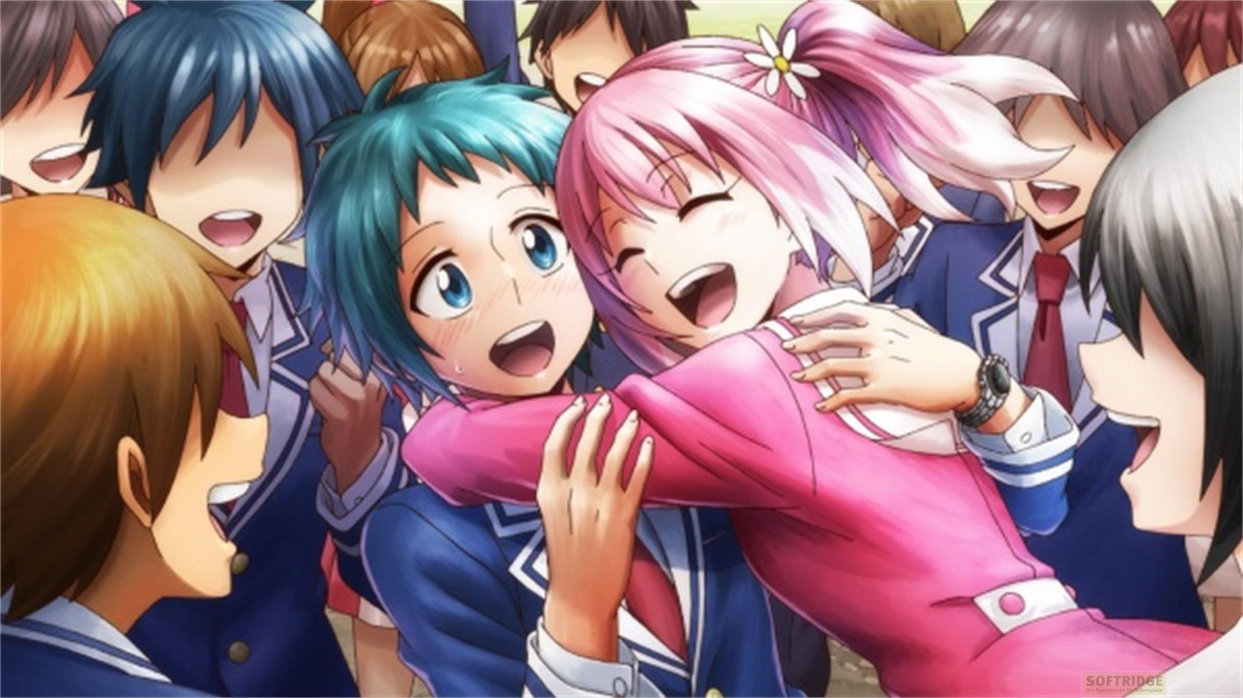 Scena anime: Un ragazzo abbraccia una ragazza circondato da amici. Stanno ridendo.