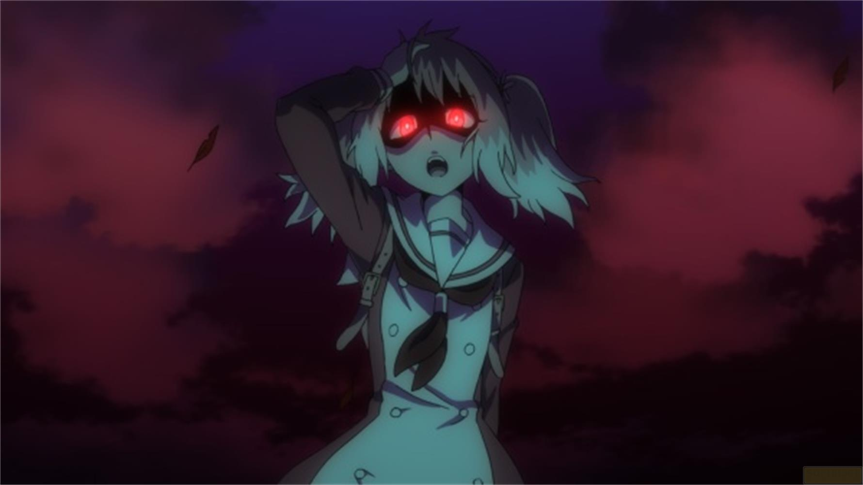 Una ragazza anime con occhi rossi si tiene la testa, il cielo è rosso scuro.