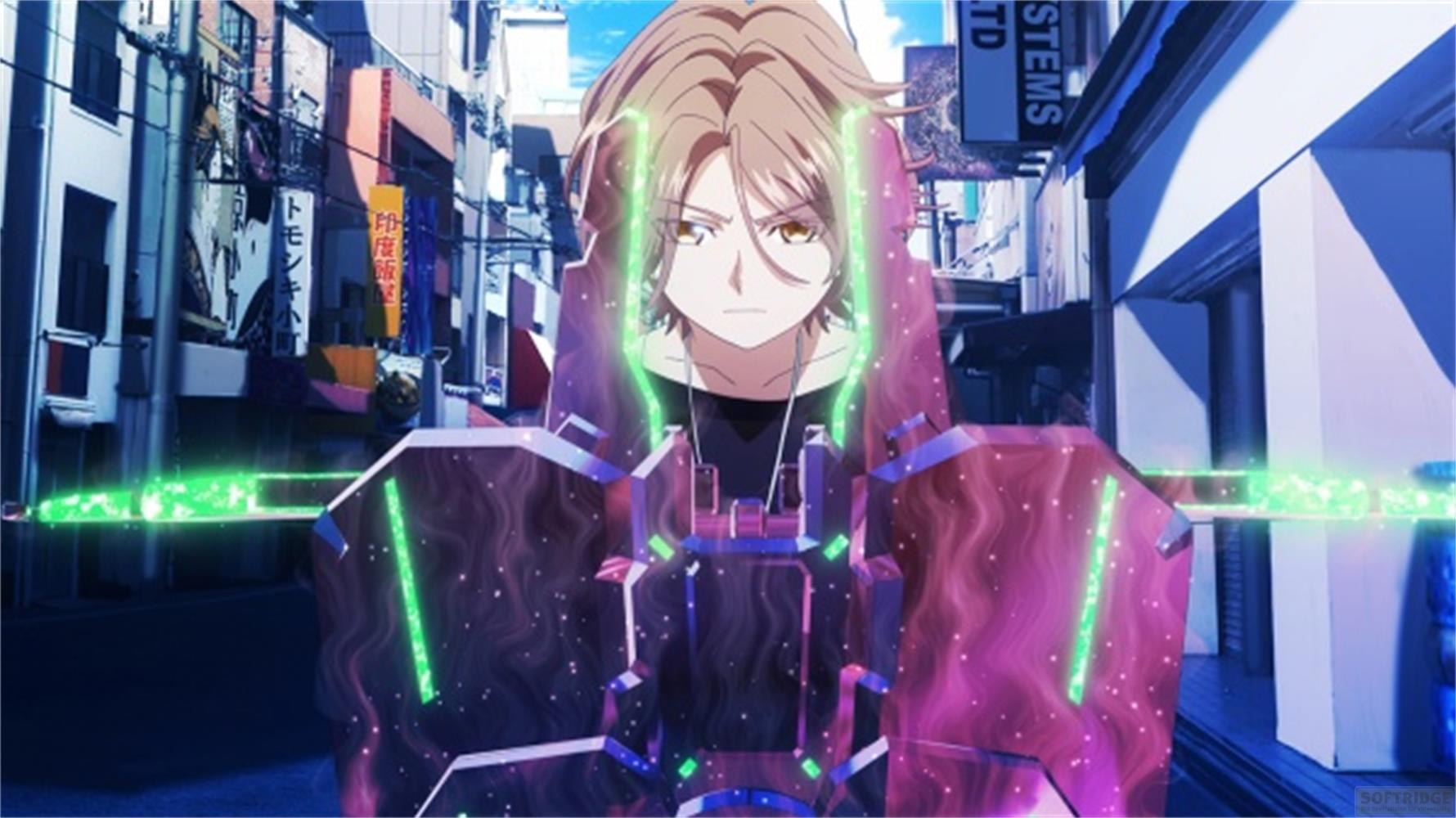 Un uomo in stile anime con capelli castani indossa un'armatura luminosa in una città.