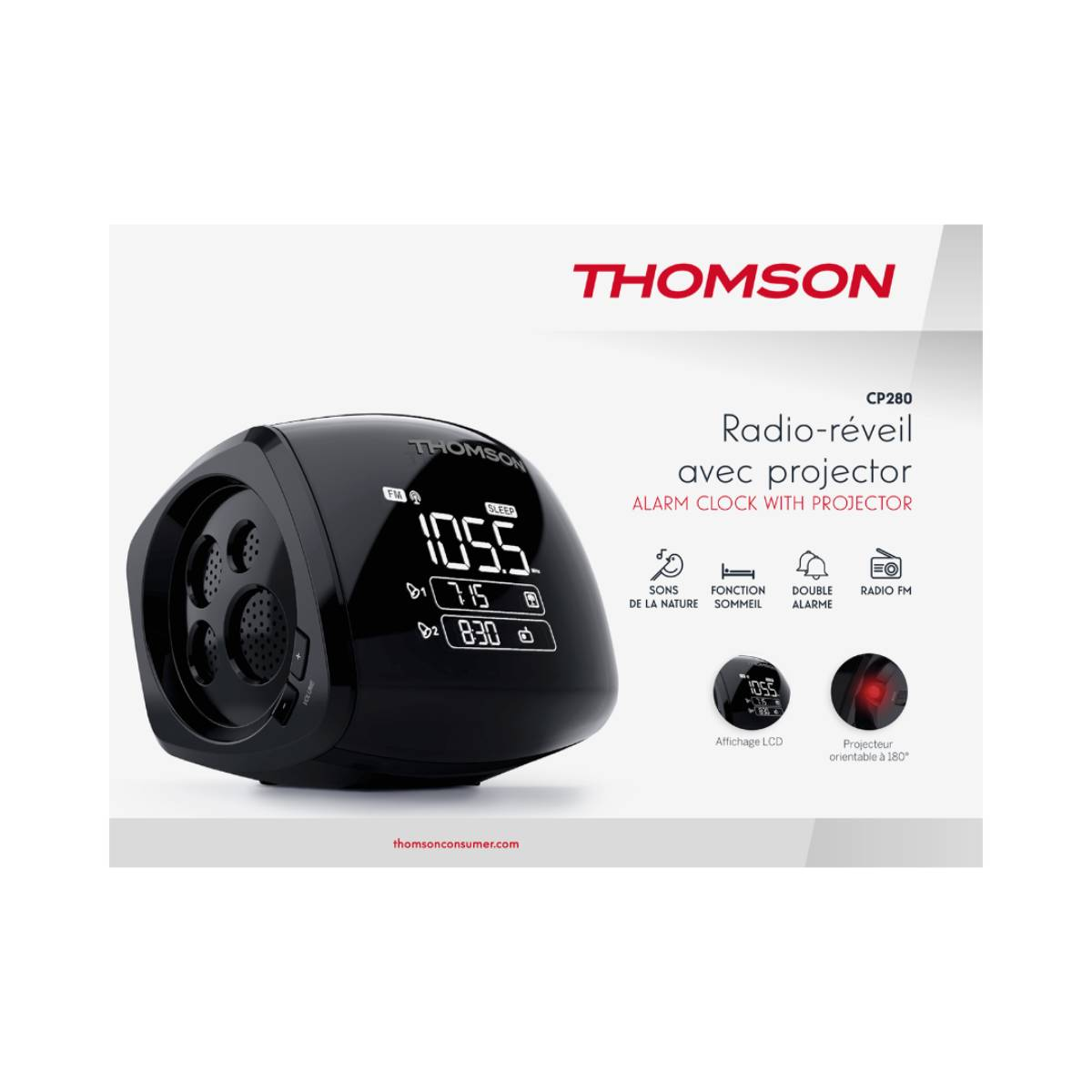 Despertador Thomson negro con proyector, muestra las 10:55 y dos alarmas.