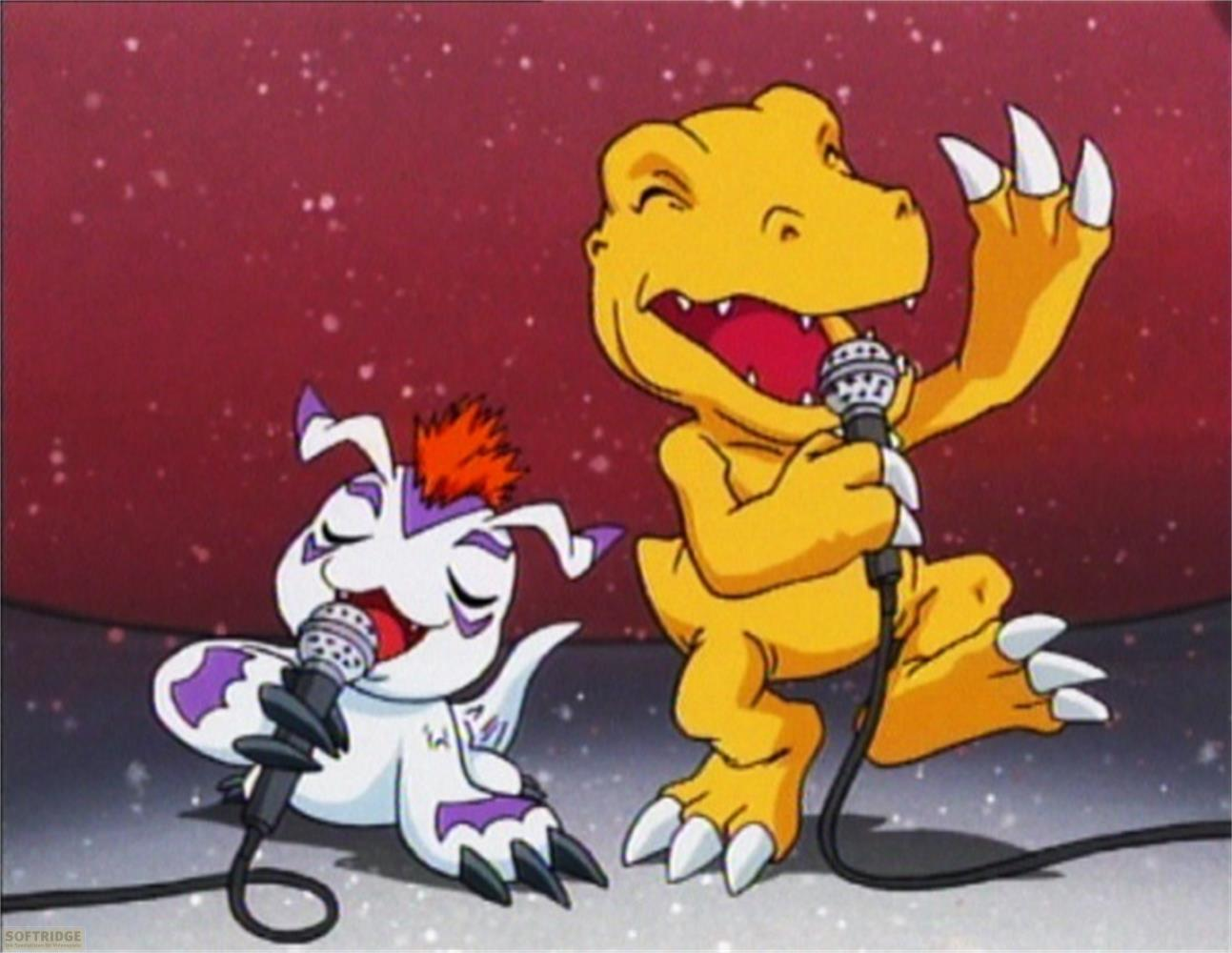Due Digimon cantano nei microfoni davanti a uno sfondo rosso scintillante.