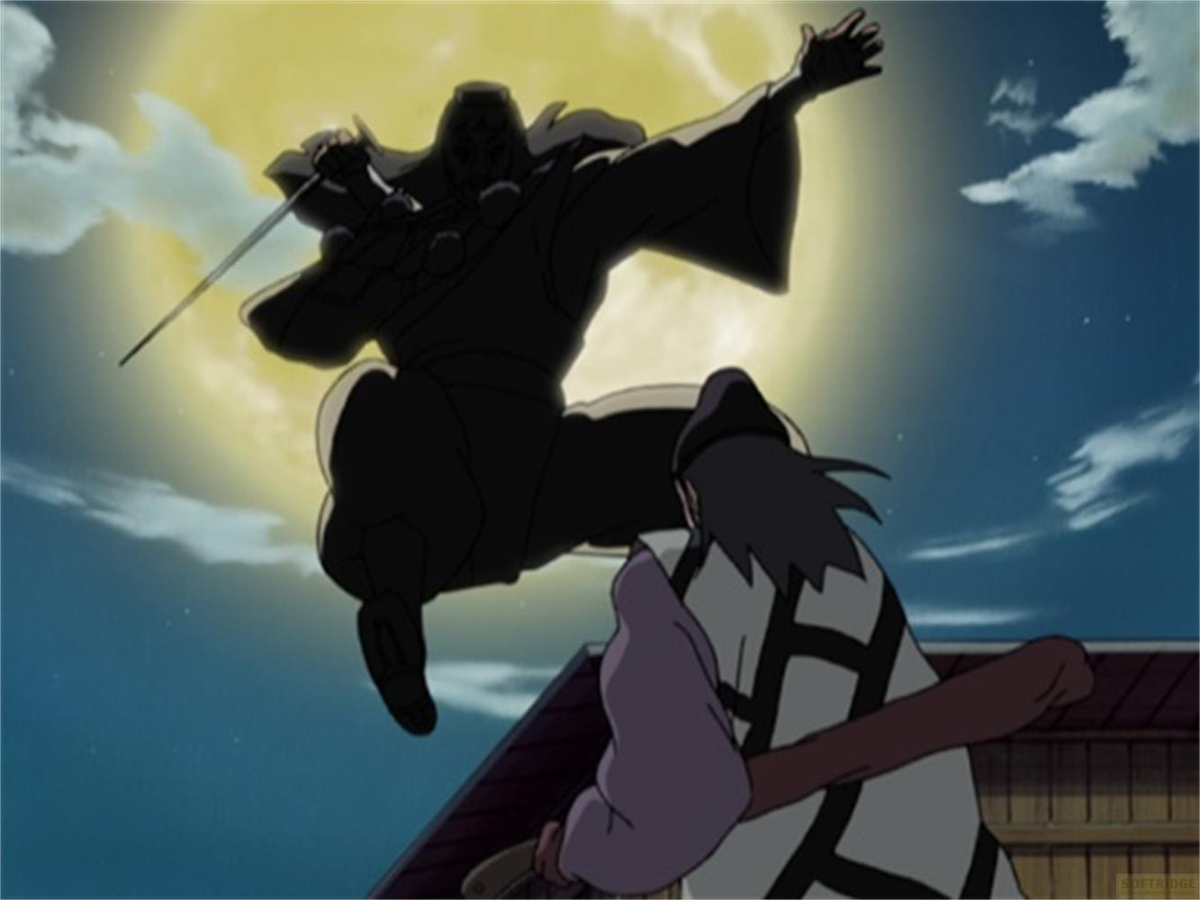 Un ninja salta con una spada al chiaro di luna, un altro è sotto su un tetto.