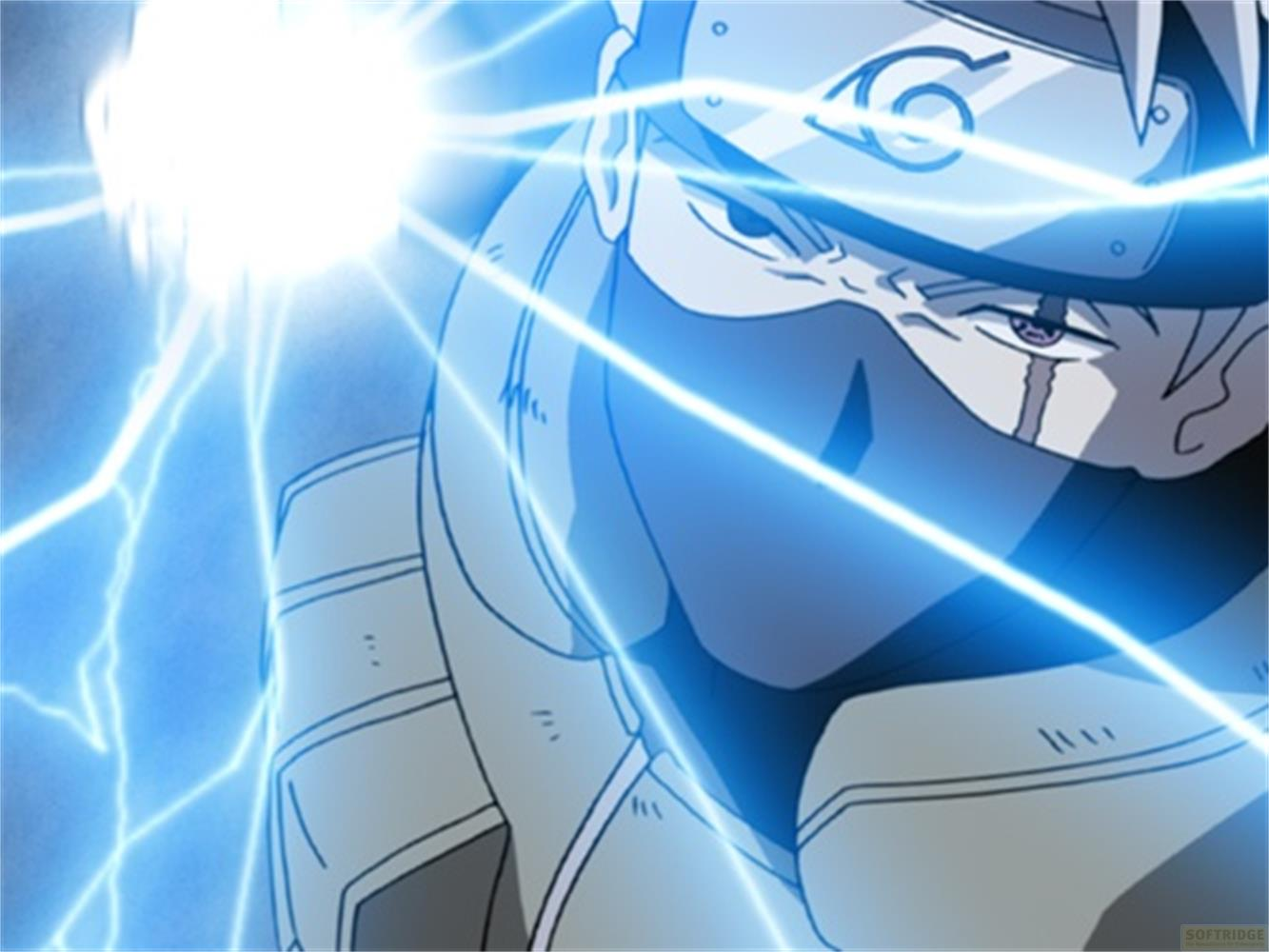 Un personaggio anime con fascia e maschera, circondato da fulmini blu.