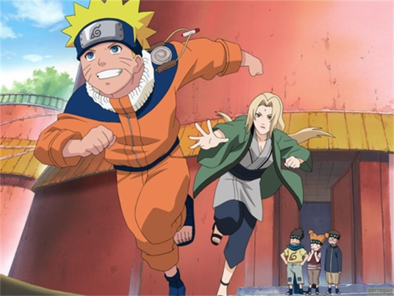 Naruto e Tsunade corrono per strada, fiancheggiati da tre bambini.