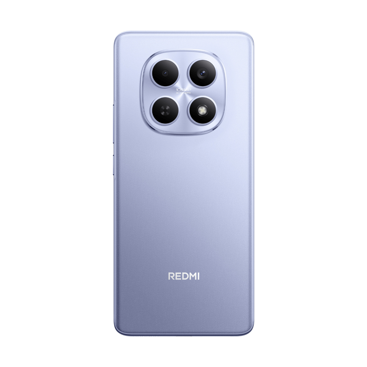 Fioletowy smartfon z czterema aparatami i logo Redmi.