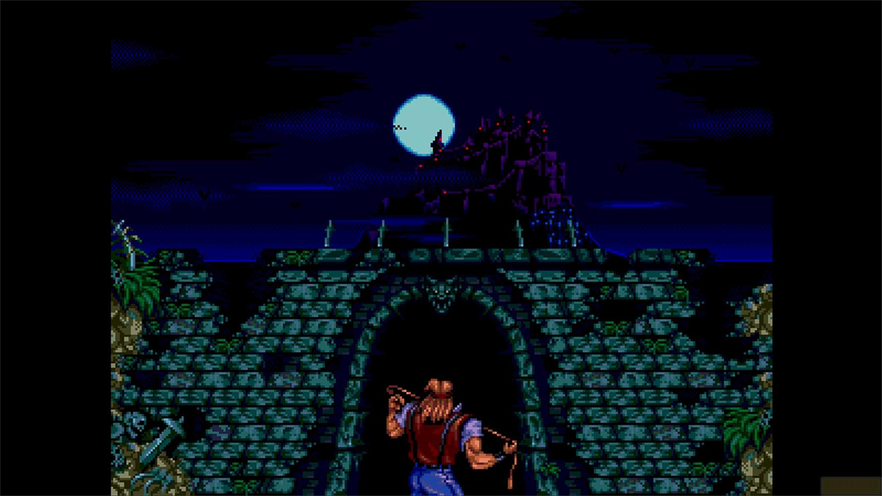 Un homme avec un fouet devant une arche menant à un château au clair de lune.