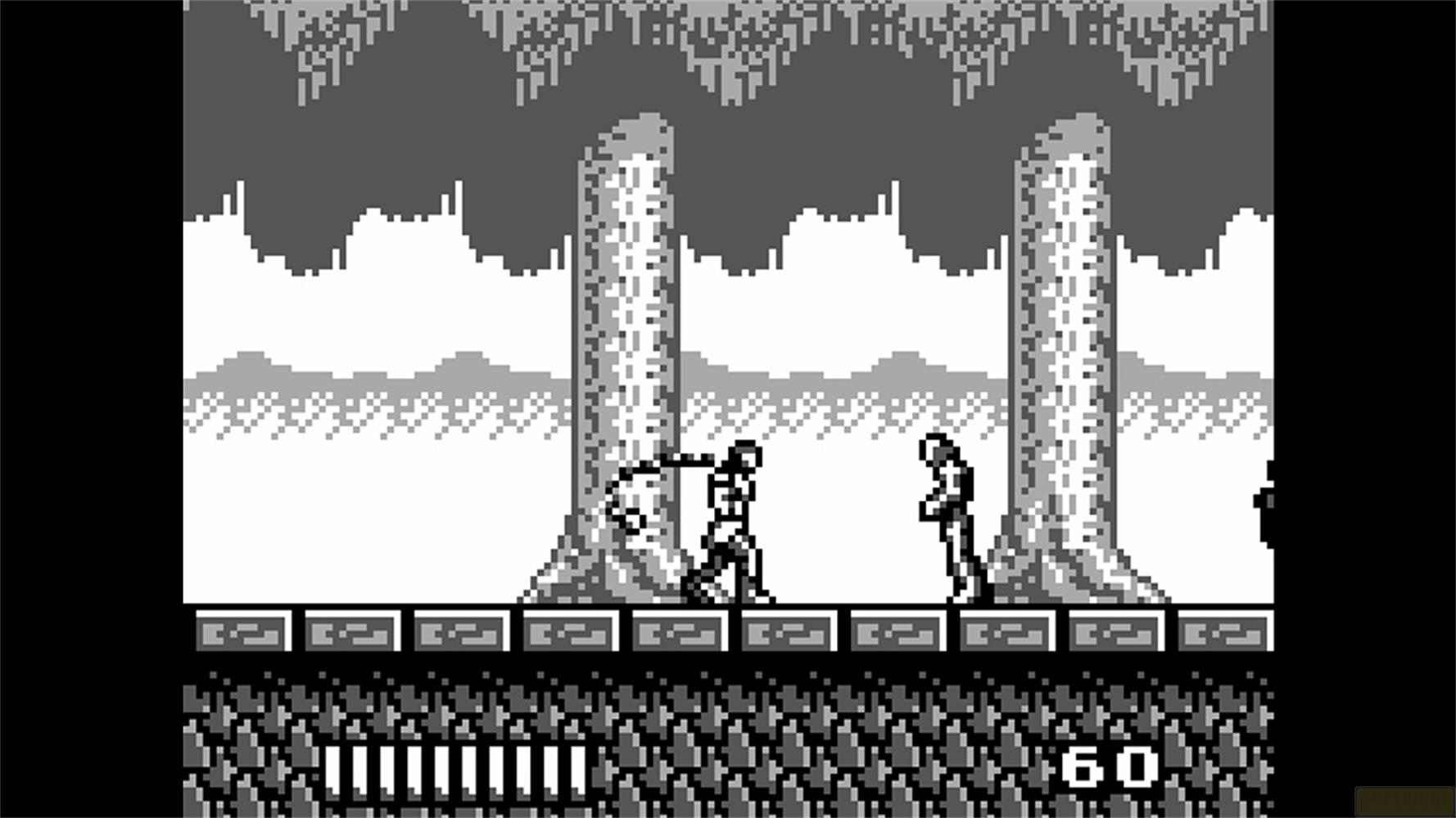 Deux personnages pixelisés se battent dans un paysage montagneux.