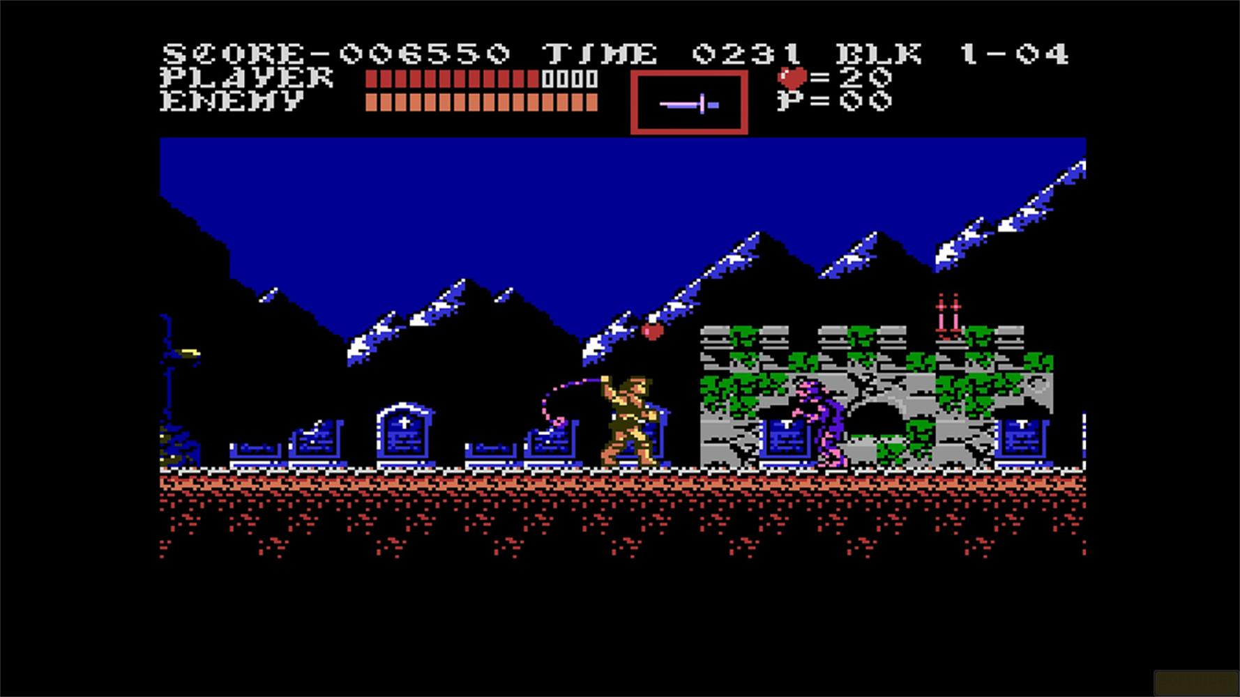 Un homme avec un fouet combat un ennemi devant un château. HUD du jeu en haut.