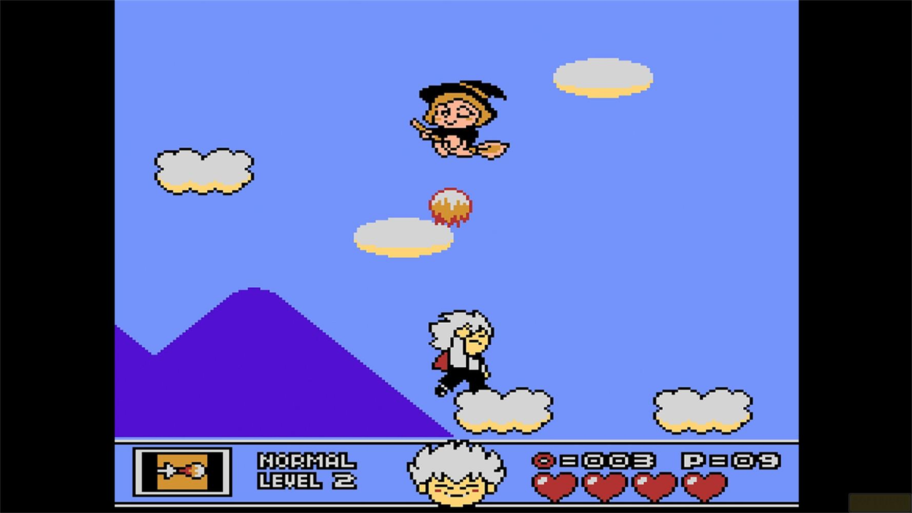 Une petite sorcière dessinée vole sur un balai au-dessus des nuages. Un homme aux cheveux blancs marche sur un nuage.