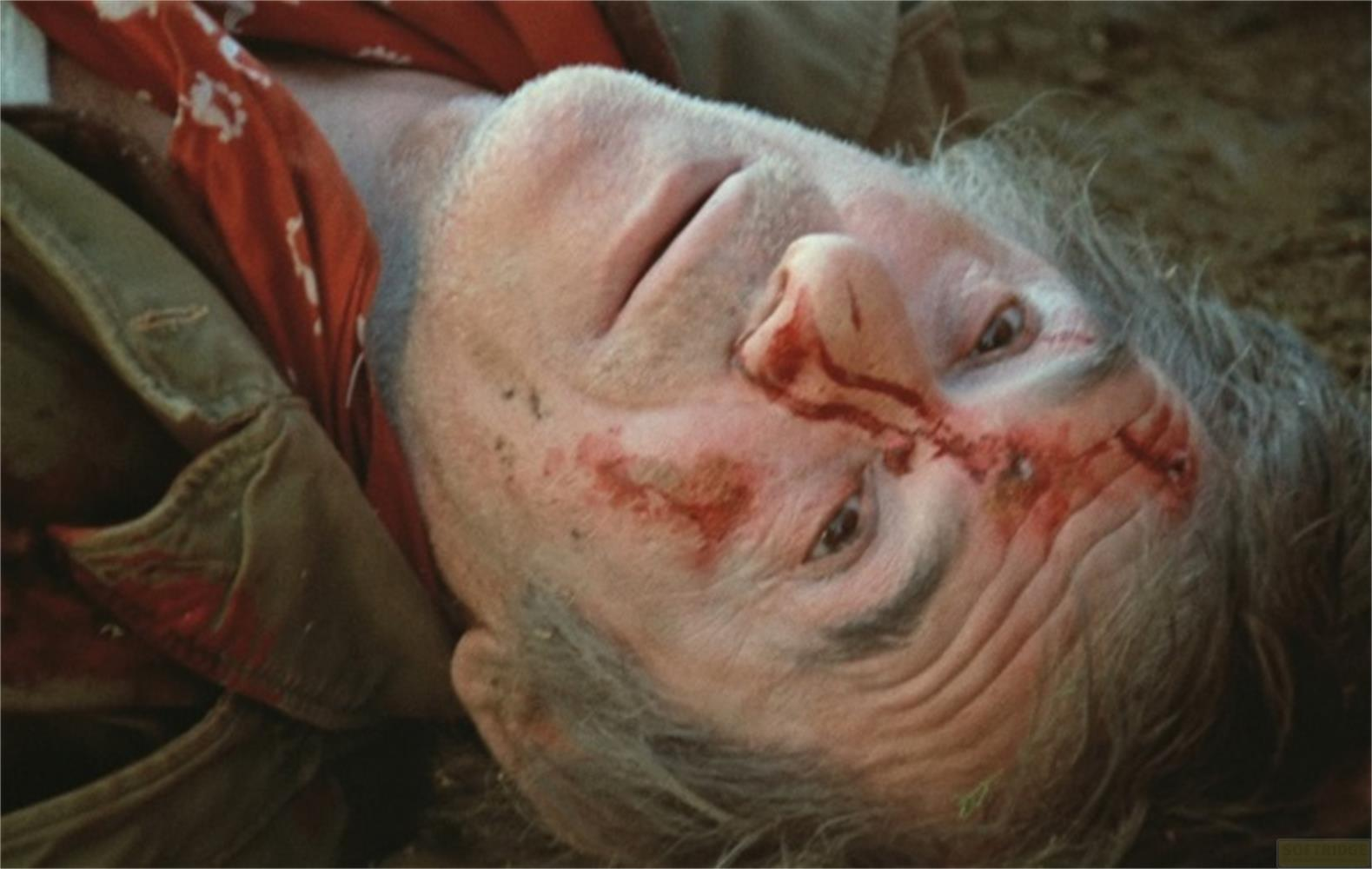 Il volto insanguinato di un uomo con capelli grigi, sdraiato sulla schiena.