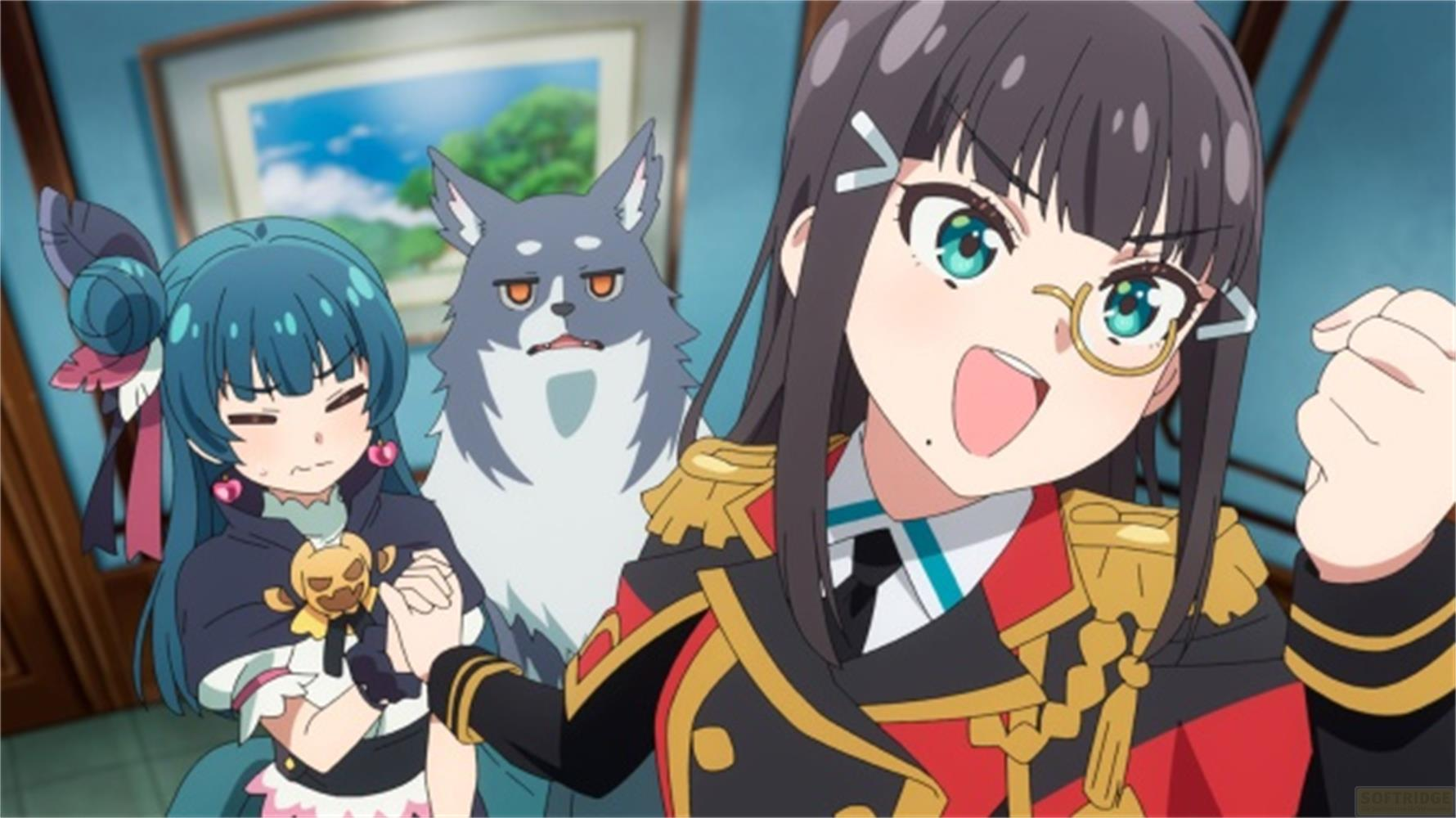 Tre personaggi anime: una ragazza con occhiali, un lupo e una ragazza dai capelli blu.