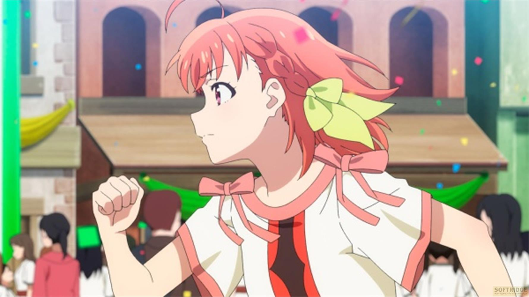 Una ragazza anime con capelli rosa e fiocchi corre. Cadono coriandoli.