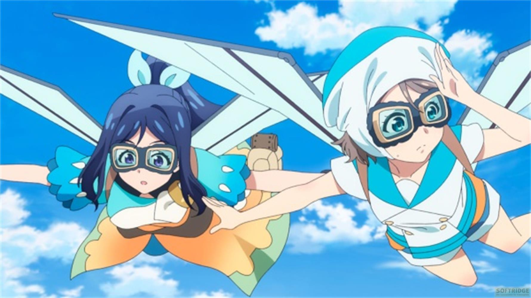 Due ragazze anime con le ali volano nel cielo blu.