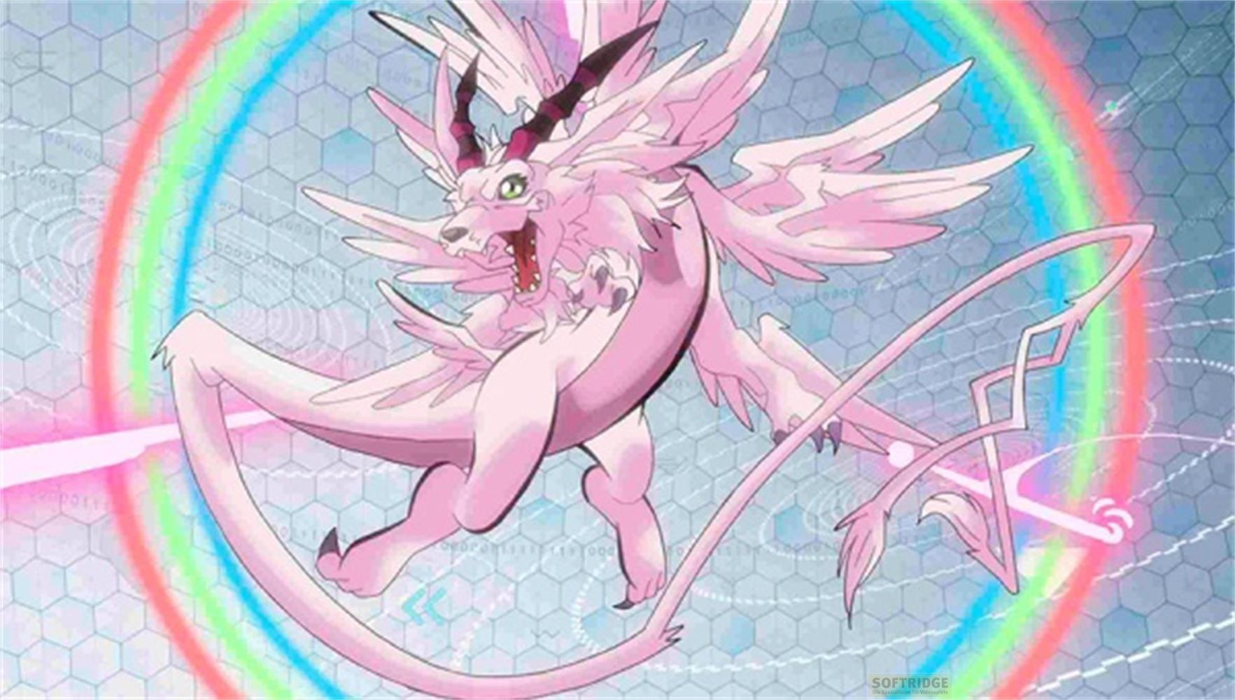 Un drago rosa con ali e corna si erge davanti a un arcobaleno e motivi digitali.