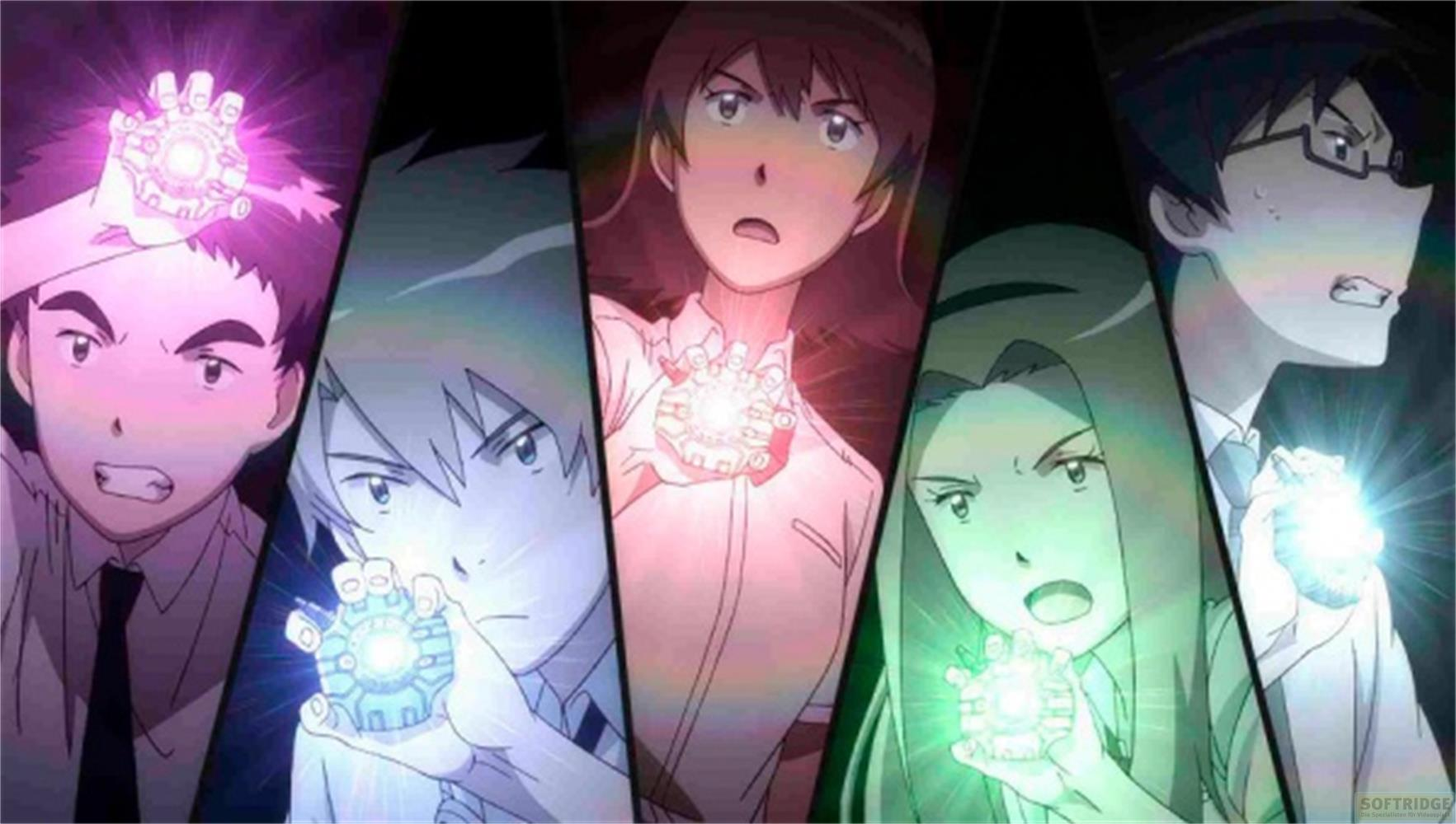 Cinque personaggi anime tengono dispositivi luminosi.