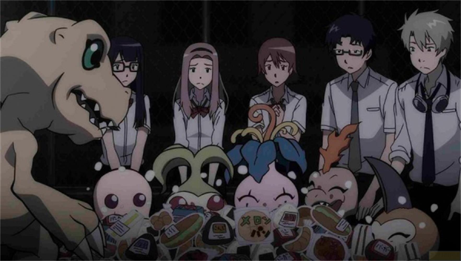 Agumon e amici guardano una selezione di adesivi Digimon.