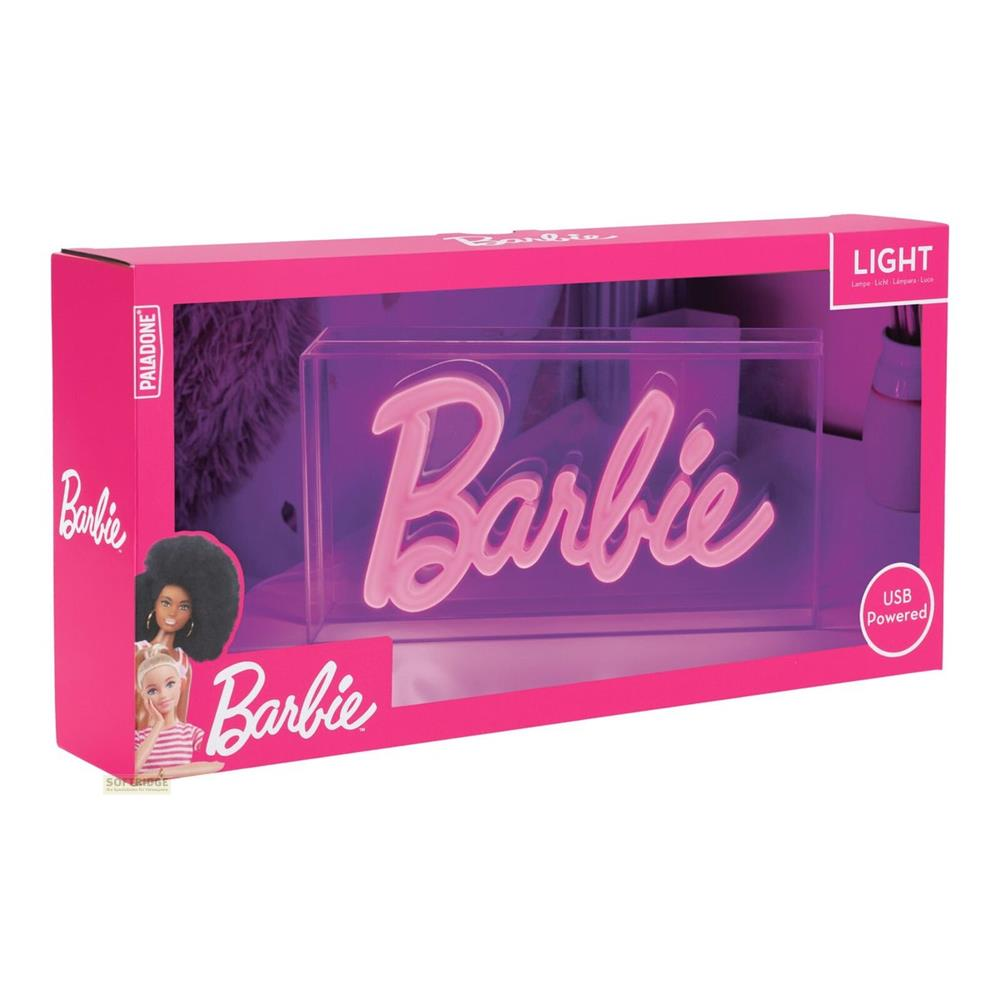 Różowe światło z napisem Barbie w opakowaniu, z wizerunkami lalek Barbie.