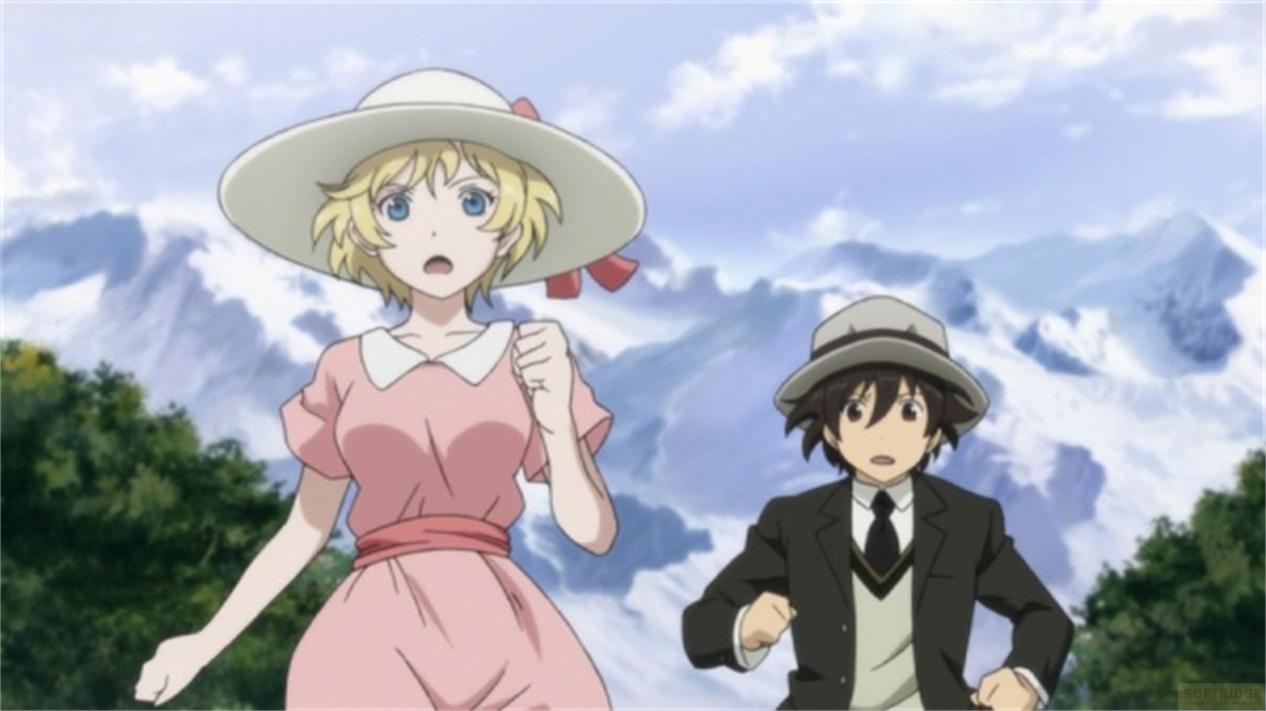 Due personaggi anime, una ragazza in rosa e un ragazzo in giacca, corrono davanti a montagne innevate.