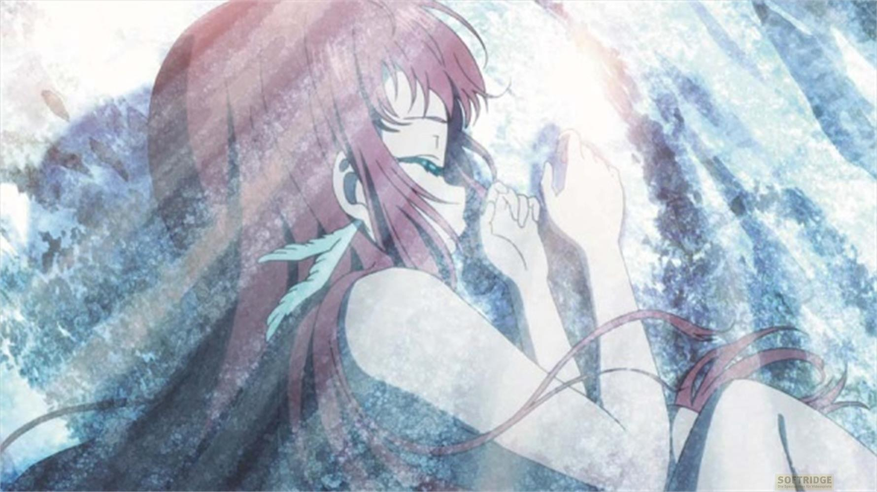 Ragazza anime con capelli rosa chiude gli occhi, acqua blu e raggi di luce.