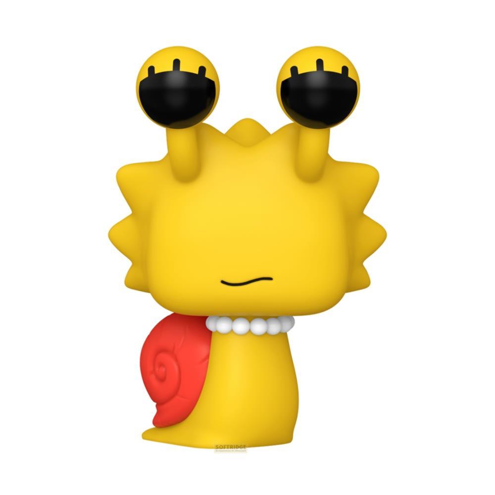 Figura gialla con conchiglia di lumaca, occhi su steli e collana di perle.