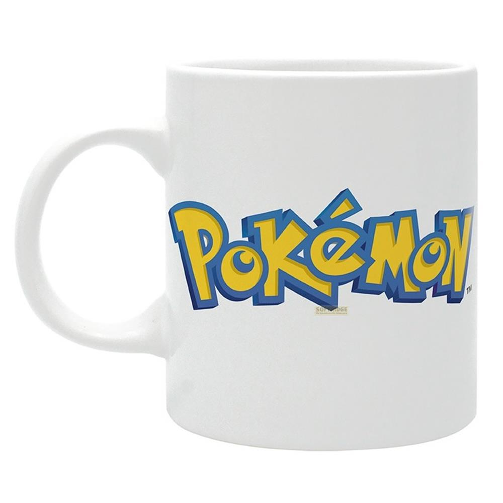 Weiße Tasse mit dem Pokémon-Logo in Blau und Gelb.